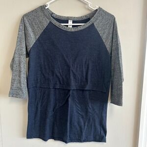 Latched Mama Women's Small Nursing 3/4 Sleeve Baseball Raglan T-Shirt Blue Grey